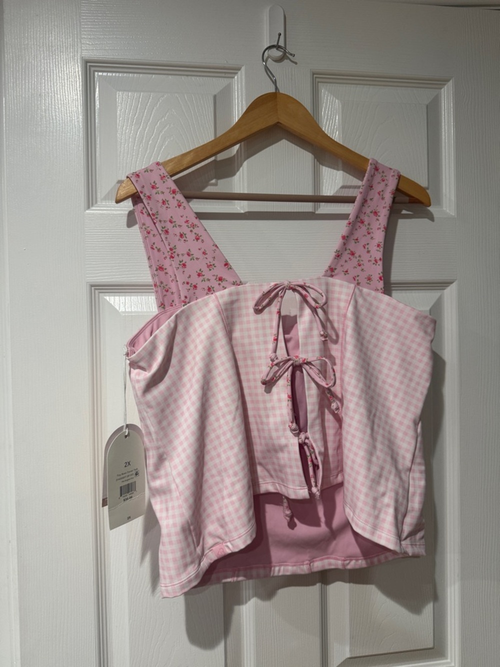 Pink Gingham Corset Crop Top with Floral Straps - Picture 5 of 5
